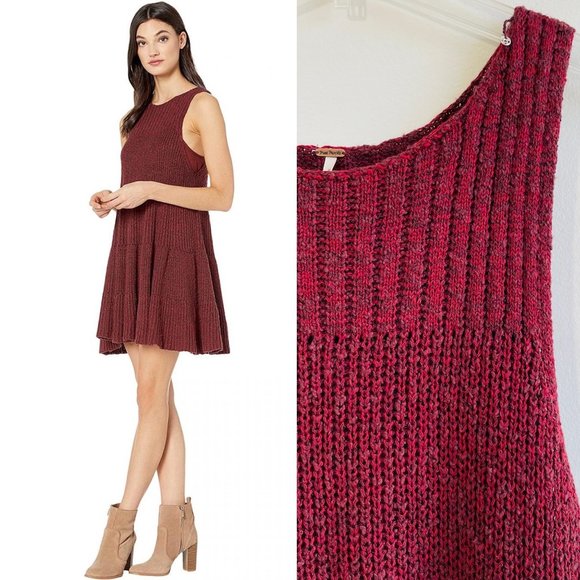 Free People Women's Waterfall Ruffle Knit Mini Dress Small Petite Wine Red Flowy - Picture 1 of 14